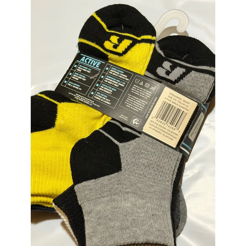 Russell Performance Active Socks Multicolor Ankle Arch Support Impact Boys L 3-9